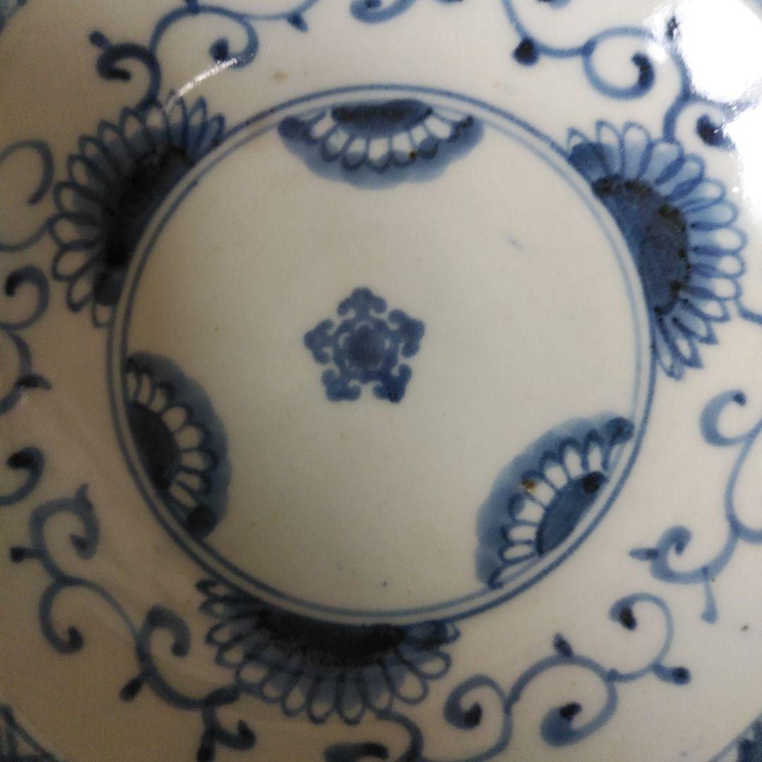 珍品 初期伊万里 古伊万里 染付 五弁花半菊文皿 コンニャク判 くらわん