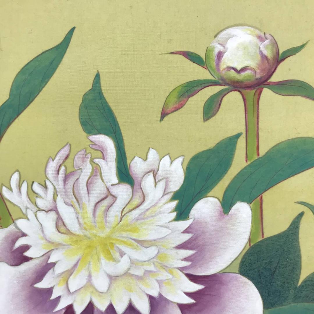真作】大村廣陽/芍薬図/シャクヤク図/花図/横物/掛軸☆宝船☆AD-429