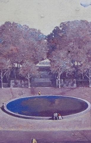 本山唯雄、【広場の午後】、希少な額装用画集より、新品額装付、状態良好