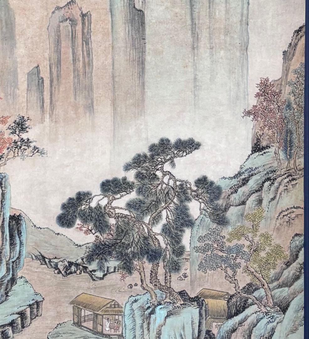 水墨画 掛け軸 北宋人之山水図 謝光力画 絵画 山水 カラー 張大千大風