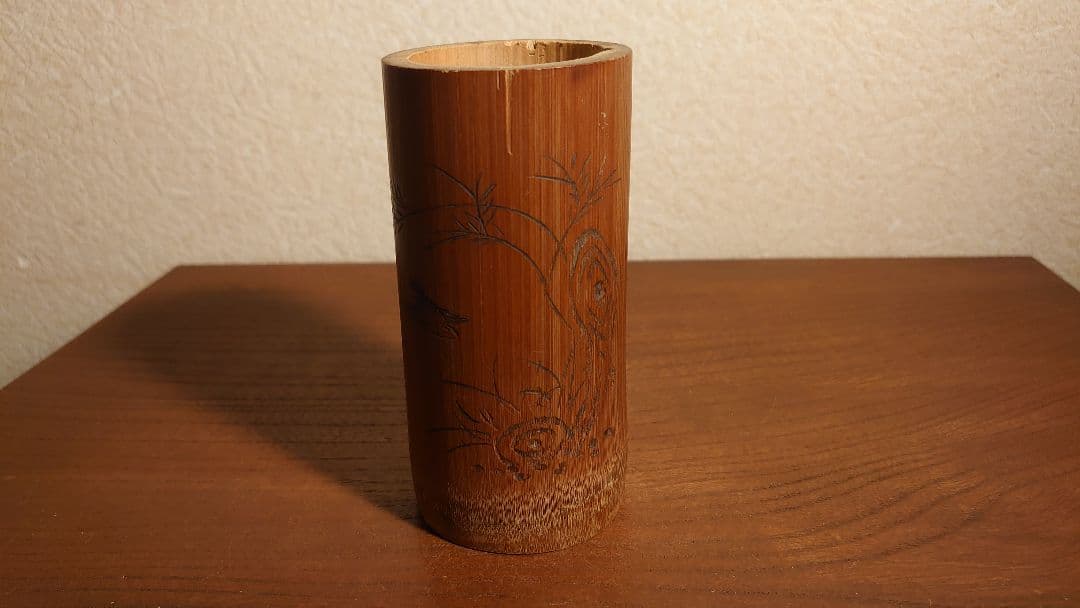 杓立　竹製　筆筒　陰刻　鳥の図　アンティーク茶道具　蔵出し　１客