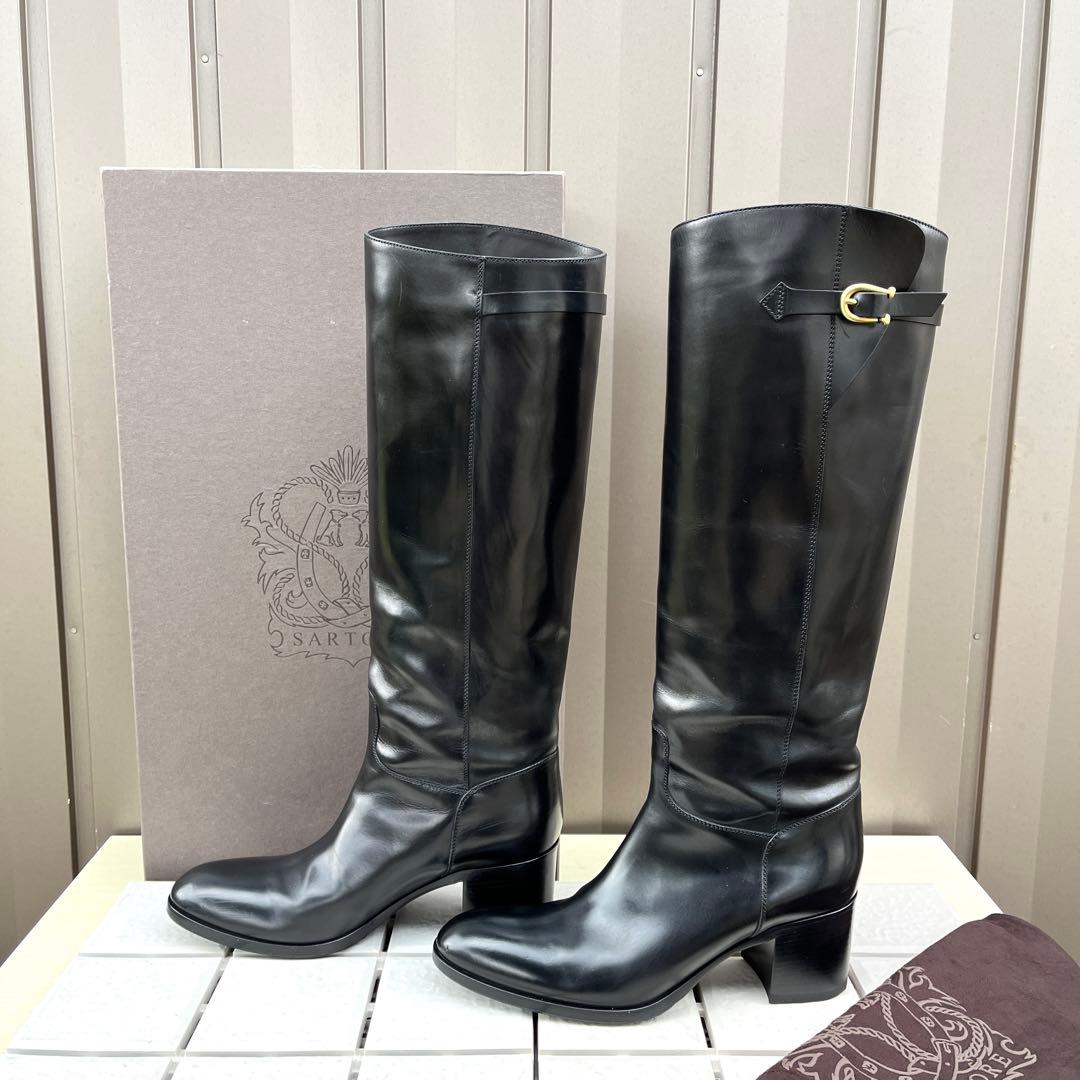 38 SARTORE ロングブーツ　黒　ジョッキーブーツ　レザー　24.5