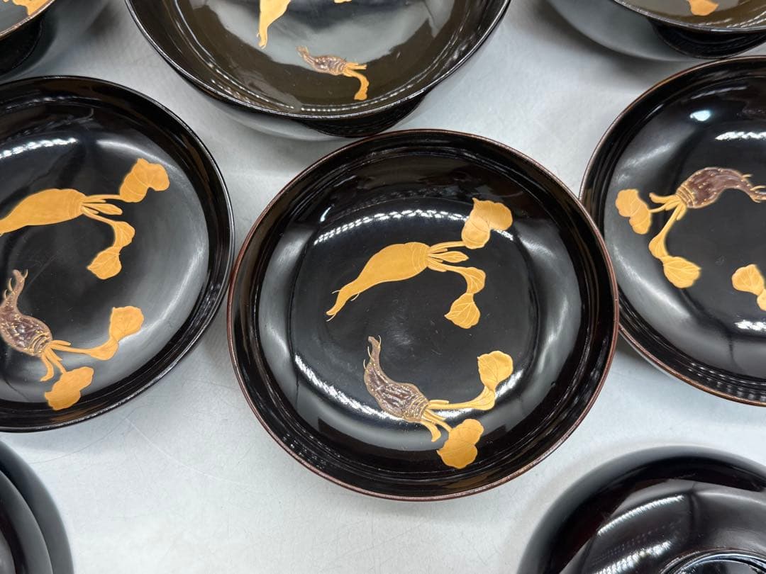 時代 輪島塗 黒蒔絵 大根模様吸い物椀9点 木製 共箱260204 - メルカリ