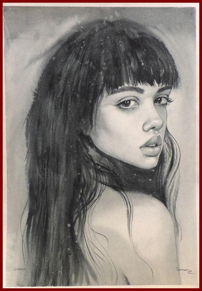 イラスト　原画　物憂げな表情　 「見つめるの娘」