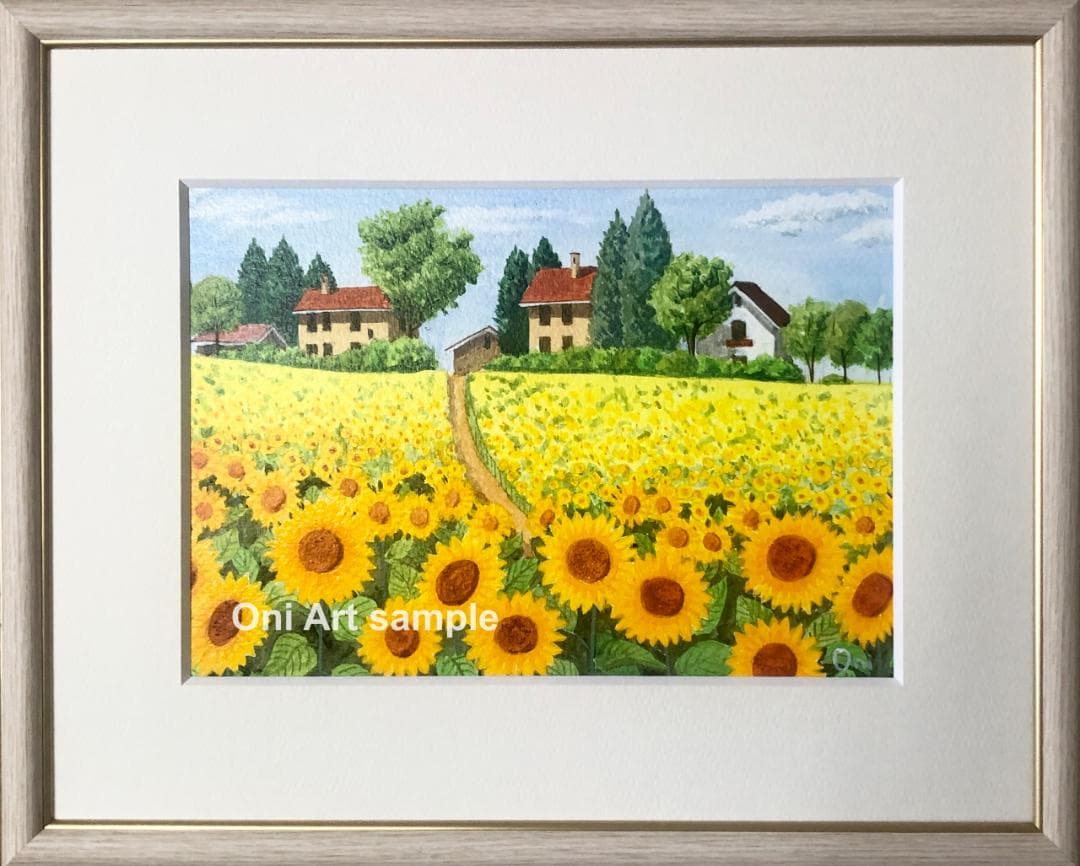 アクリル画　原画　「ひまわりの丘08」額縁付　SMサイズ　風景画