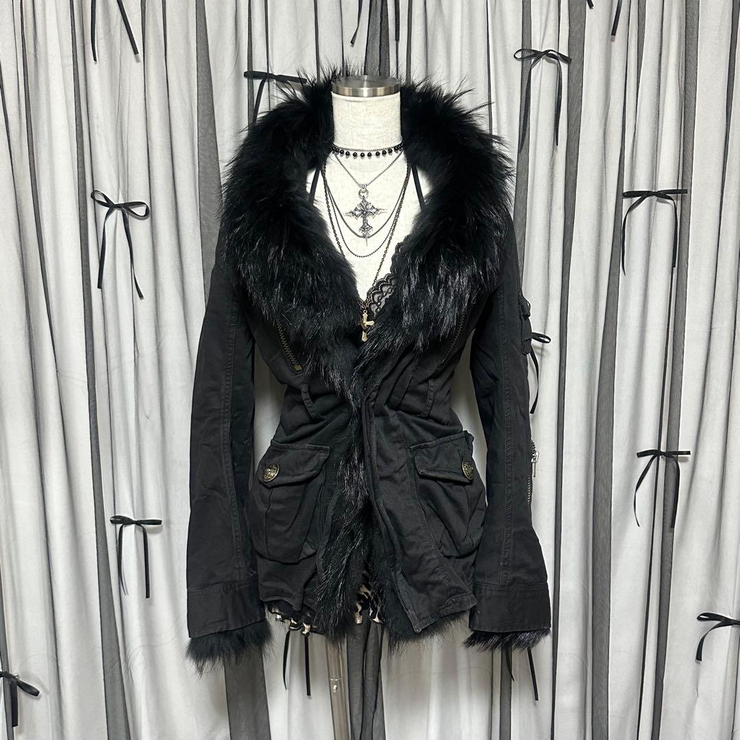 平成ギャル y2k リアルファー ミニタリージャケット ダークコア