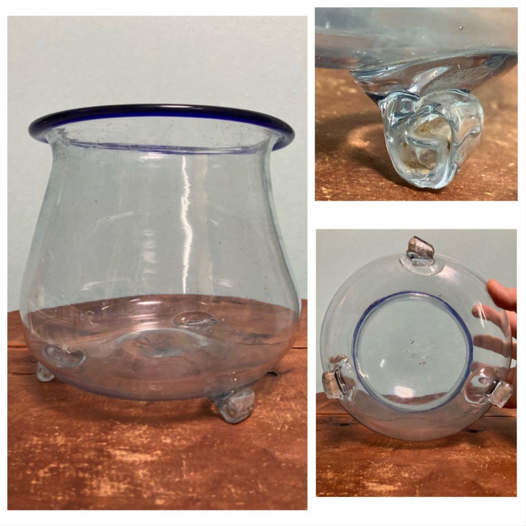 大正時代の吹きガラス製三つ脚金魚鉢◇レトロガラス◇和ガラス◇古ガラス◇古道具