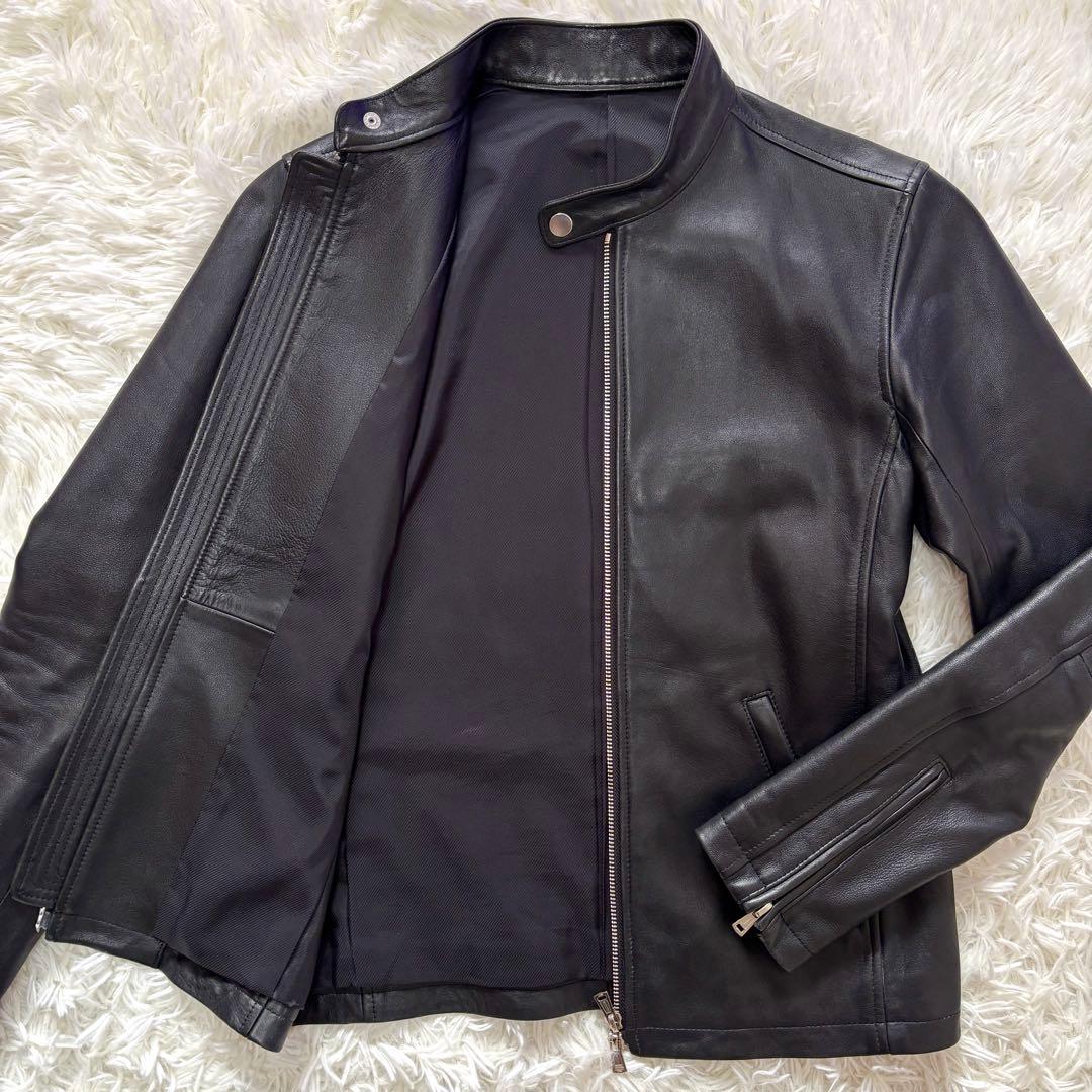 【極美品】羊革 SHIPS ラムレザー シングル ライダースジャケット 光沢黒