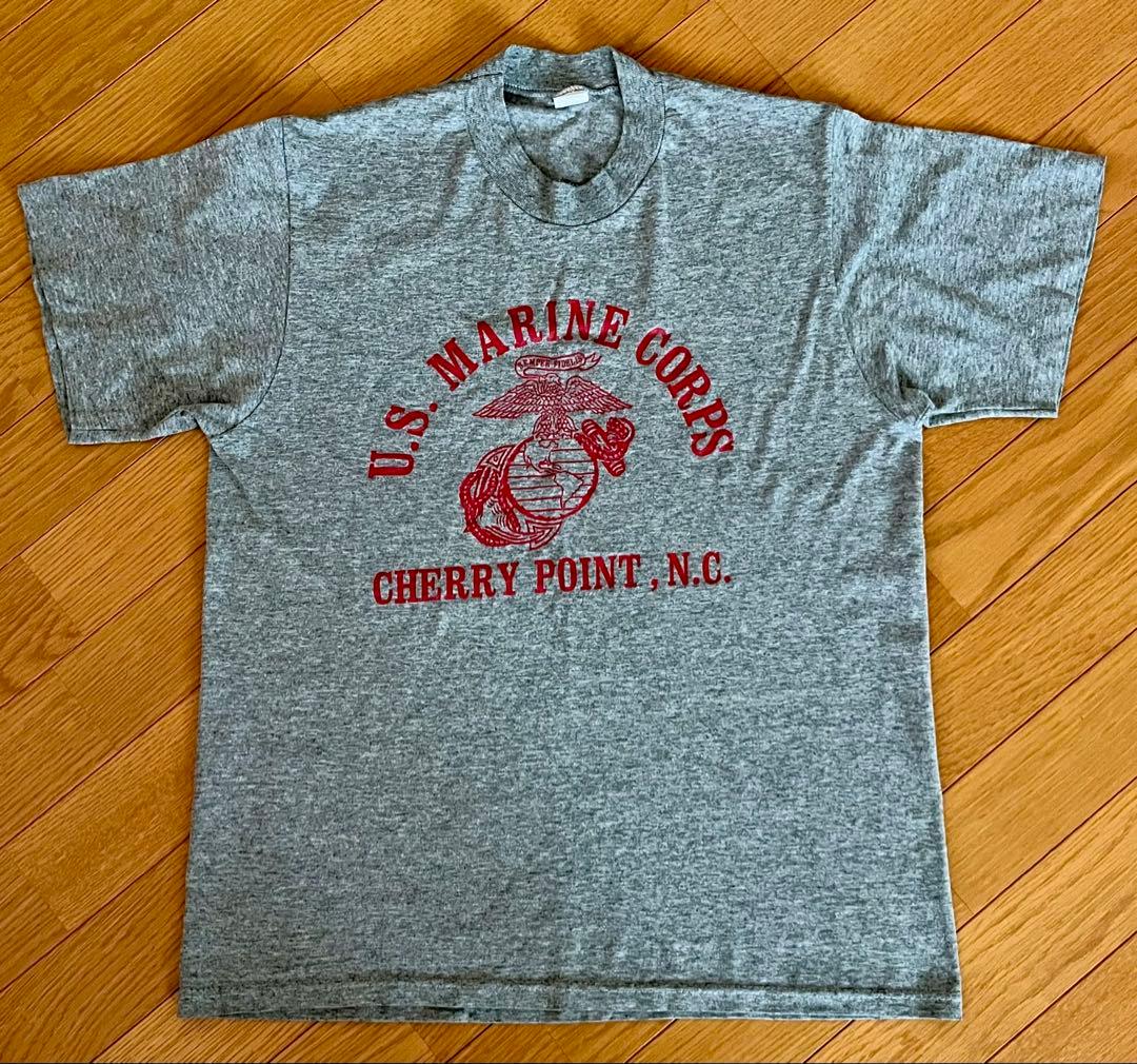 90's U.S.M.C. 油性プリント 霜降りグレー 袖シングル Teeシャツ