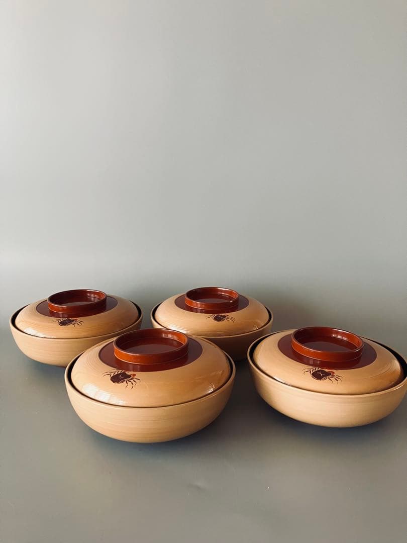 蟹文 白漆 蓋付椀 4組