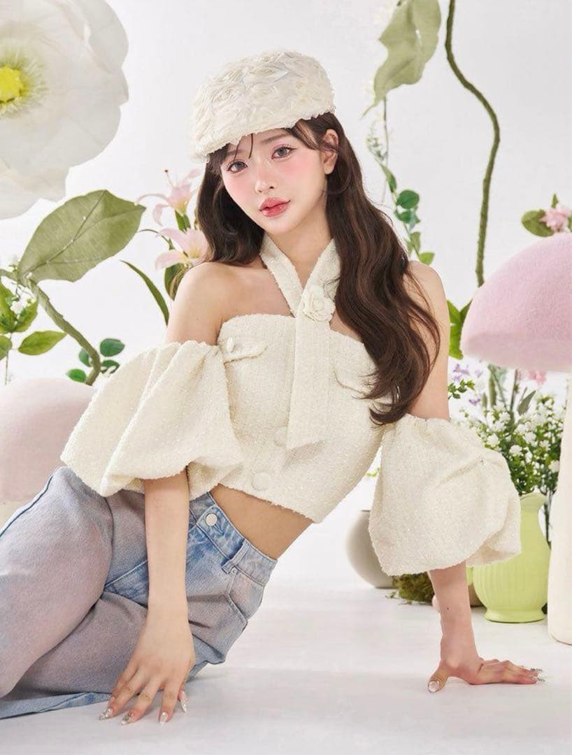 ホルターネックオフショルツイードトップス ダーリッチ