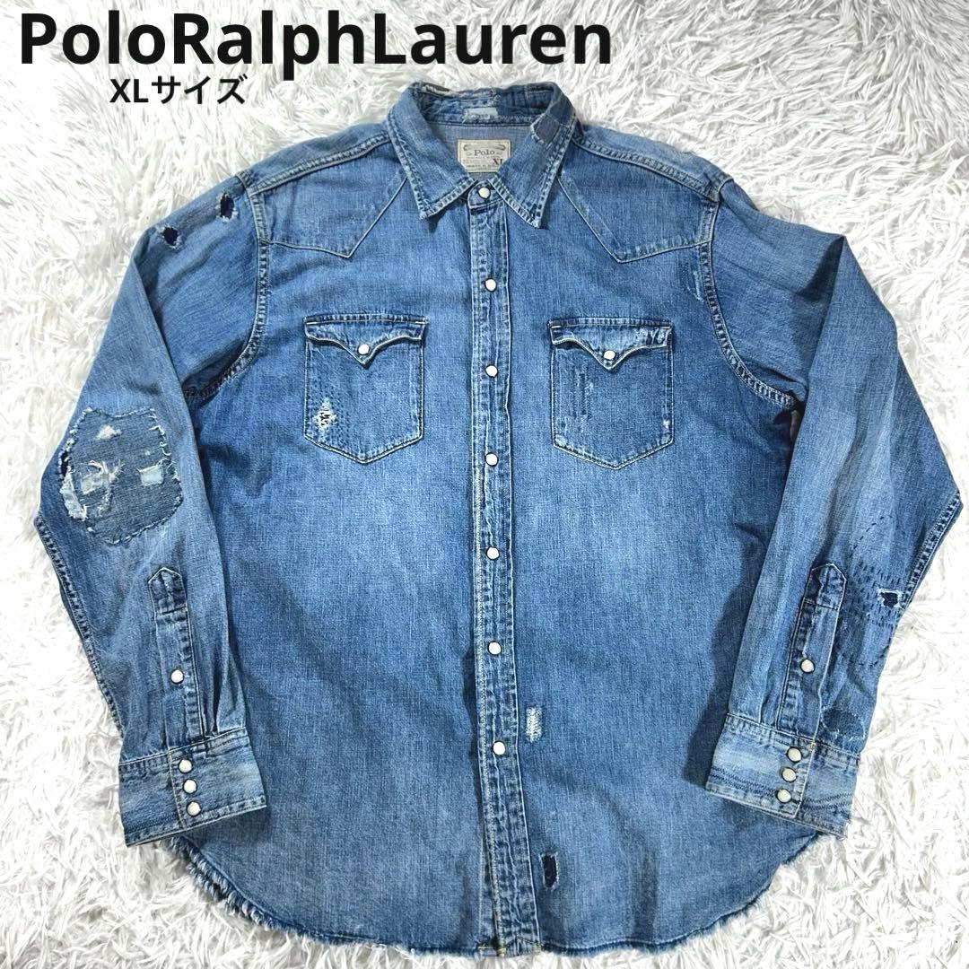 美品　ポロラルフローレン　現行　ウエスタンシャツ　ダメージ加工XL パッチワーク
