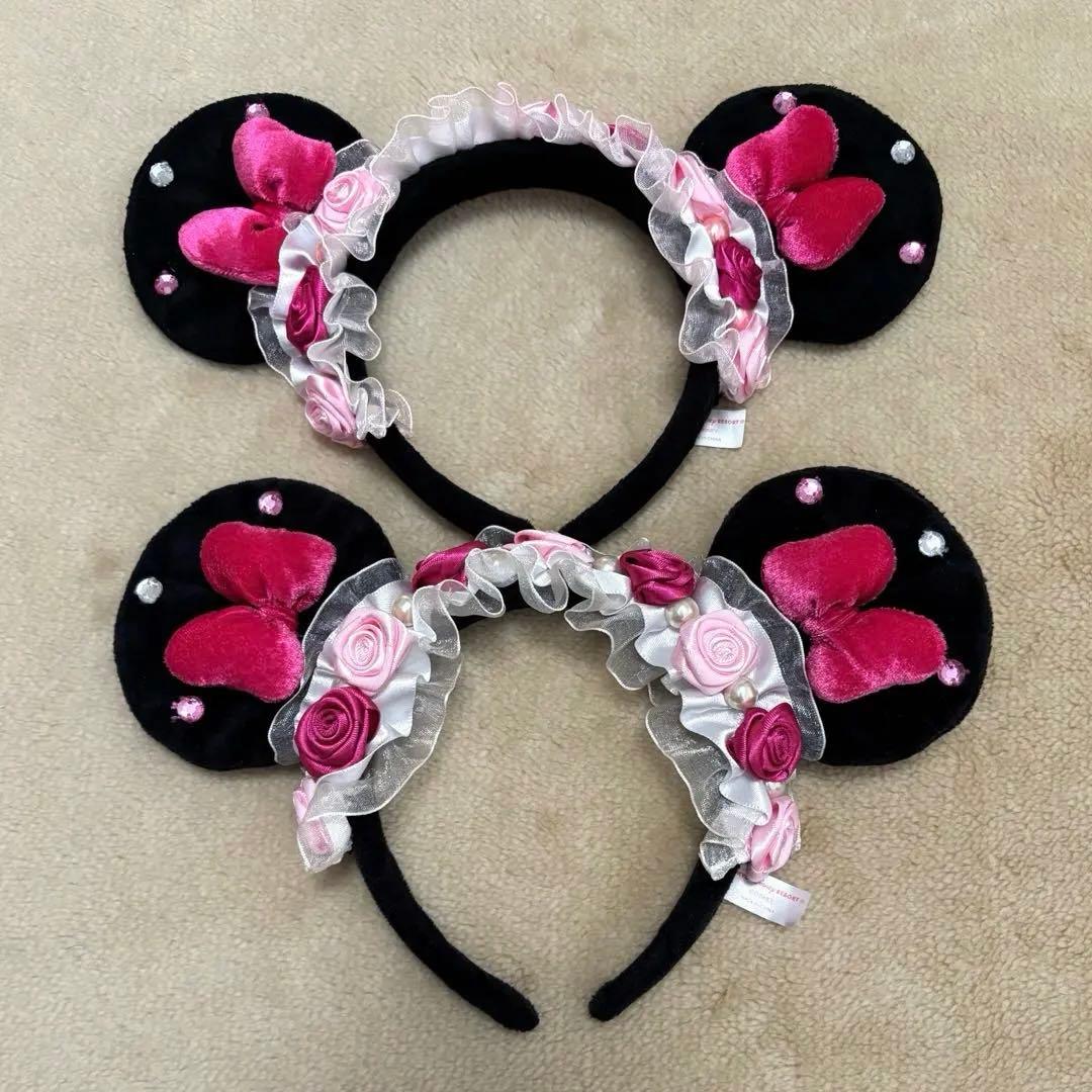 ディズニー カチューシャ ミニー ピンク フリル レース 薔薇 花 リボン 美品 ディズニー ミニー バラ＆パール＆フリル ピンク カチューシャ