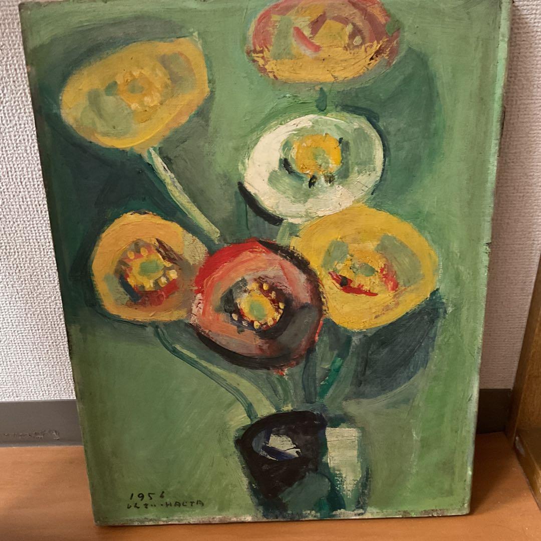 A nt i que☆love油彩画 1956年作 サイン在 木枠ガラス無