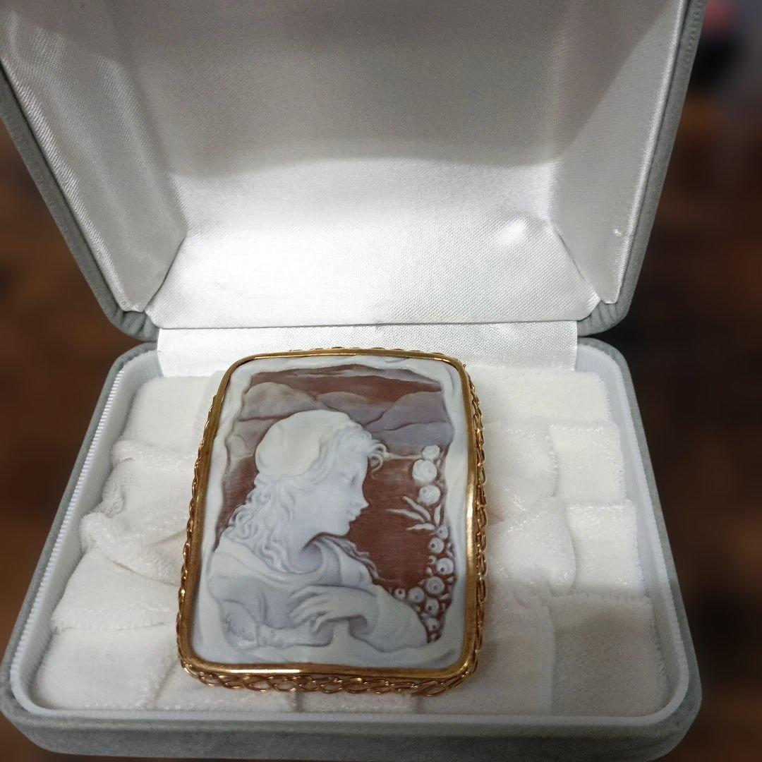 K18 カメオ ブローチ 作家ガロファロ　女性の横顔と花