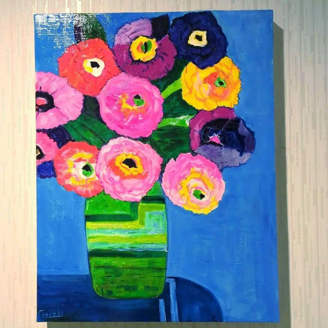 キャンバス油絵　専用　カラフルなお花をたくさん入れた花瓶 happy!