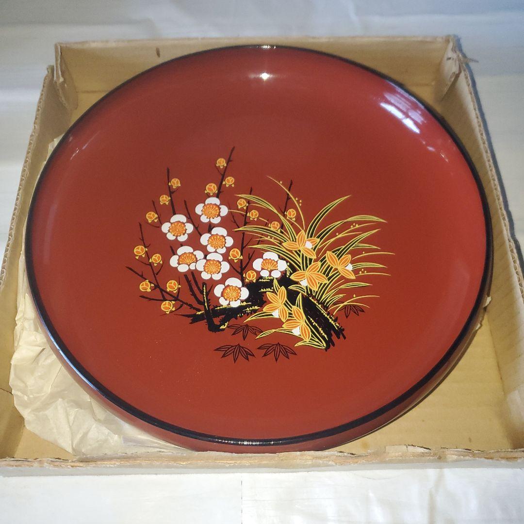 赤い花柄 漆器盆 直径約20cm - メルカリ