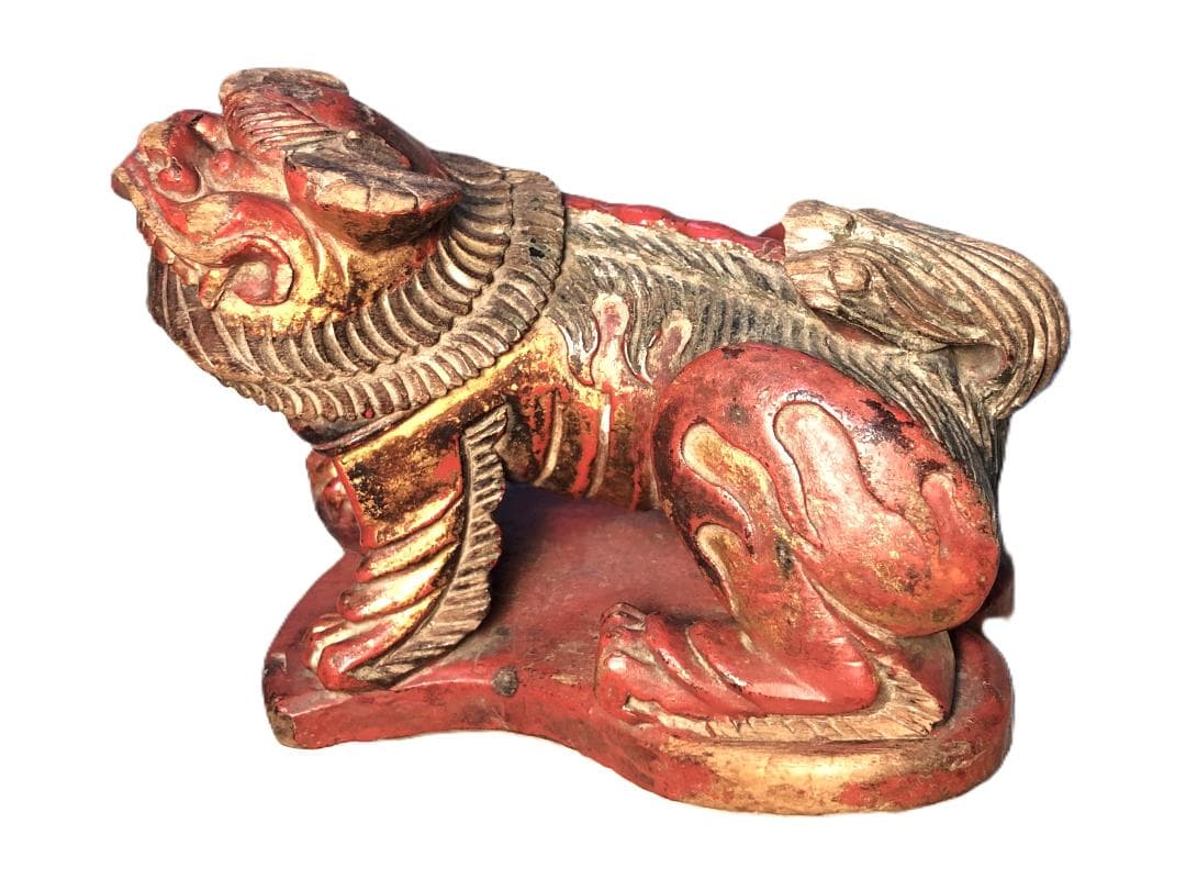 【 木彫金朱漆塗玉獅子 】　江戸時代 木彫金朱漆塗玉獅子 】 江戸時代