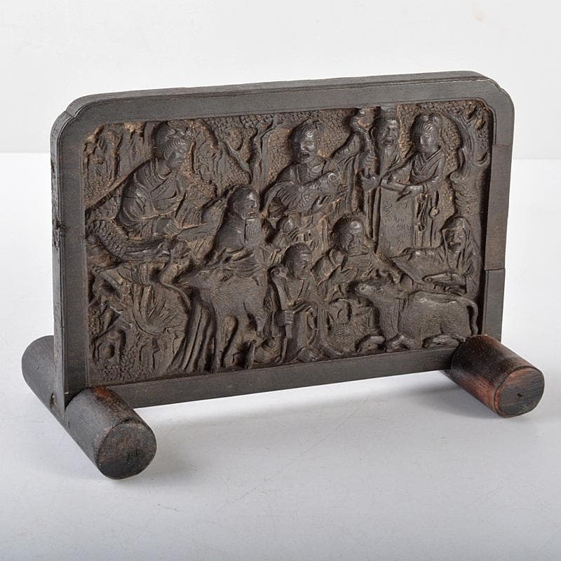 中国　唐木紫檀彫刻　人物彫　衝立　硯屏　置物　M　R5164