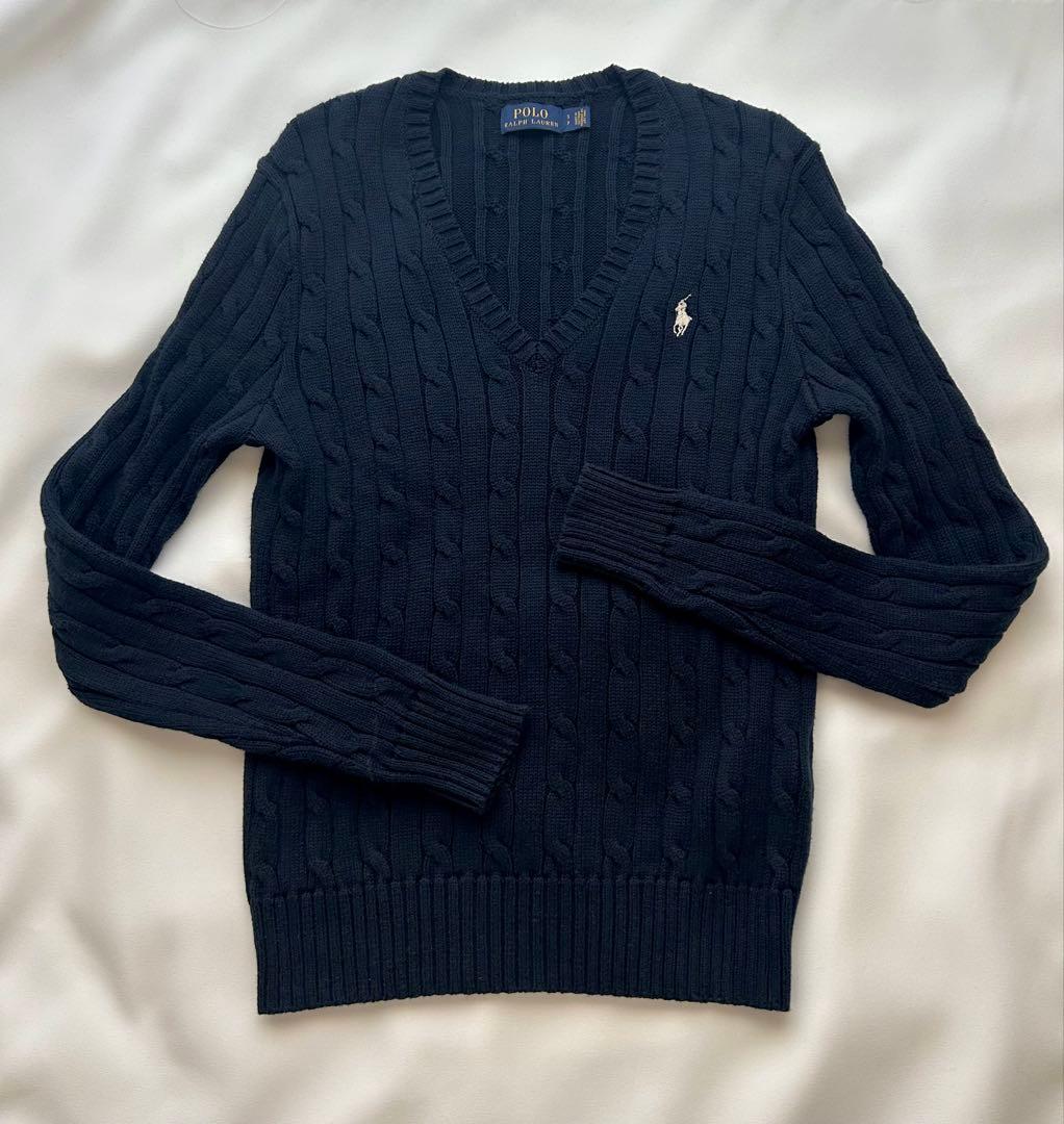 【極美品】ポロラルフローレン コットン　ケーブルニット　ポニー刺繍　ネイビー