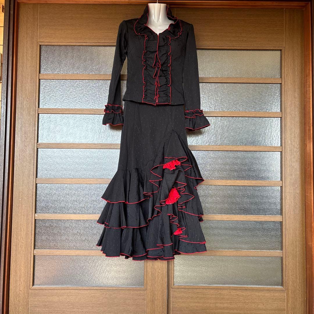 フラメンコドレス 黒　赤フリル付き 楽天市場】フラメンコワンピース 大きい裾 モダンドレス チュール