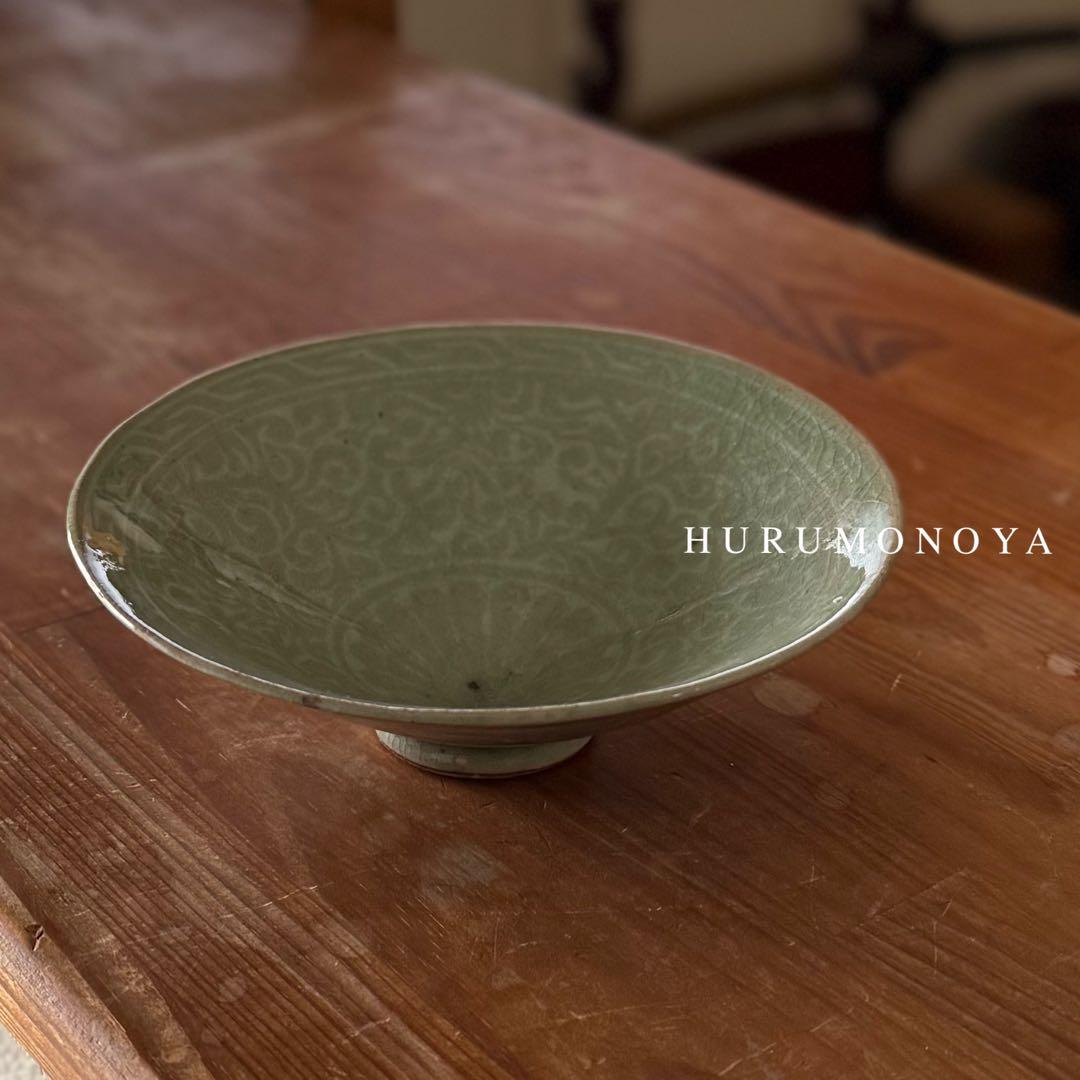 SNT1388 韓国 高麗青磁 象嵌彫文 茶碗 茶道具 朝鮮 美術 骨董 朝鮮