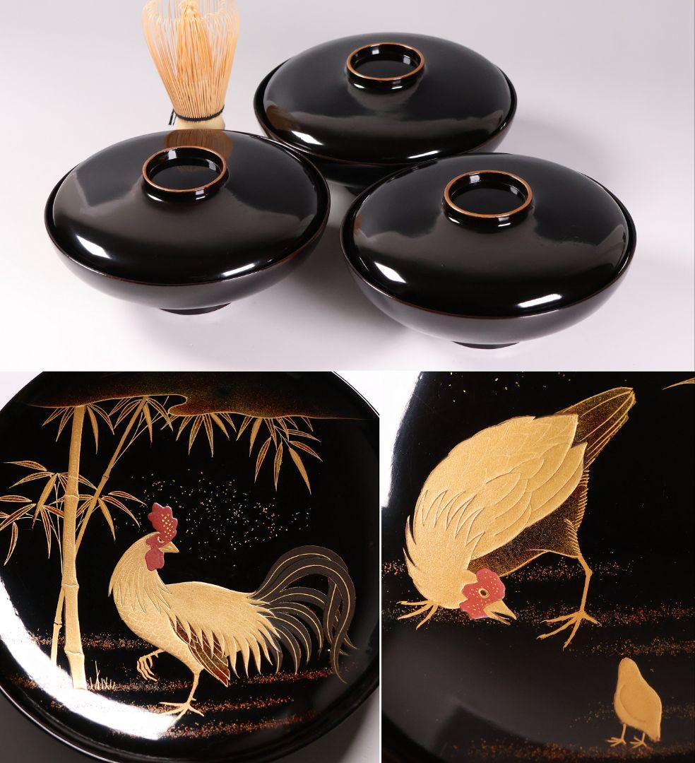 【CM353】時代蒔絵椀 竹に鶏金蒔絵 平椀三客 木製 /(検) 輪島塗加賀能登