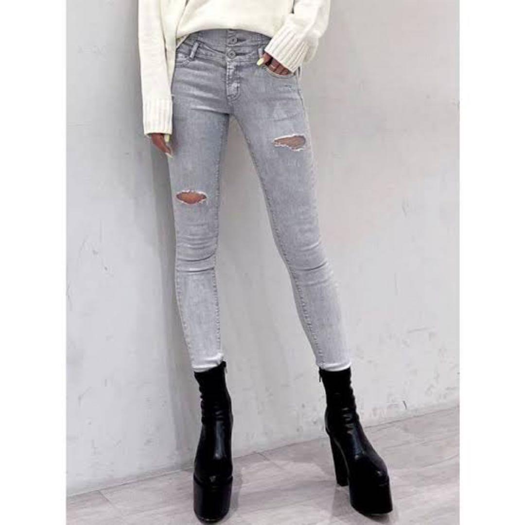 【美品】GYDAライトグレー スキニーデニム ハイウエスト ハイウエスト GD bijou MOLDフロントZIPスキニーデニムパンツ[品番