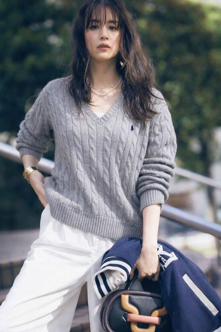 ラルフローレン Vネック ケーブルニット グレー Lサイズ 中古】RalphLauren(ラルフローレン)ポロpoloワンポイントVネックメンズ