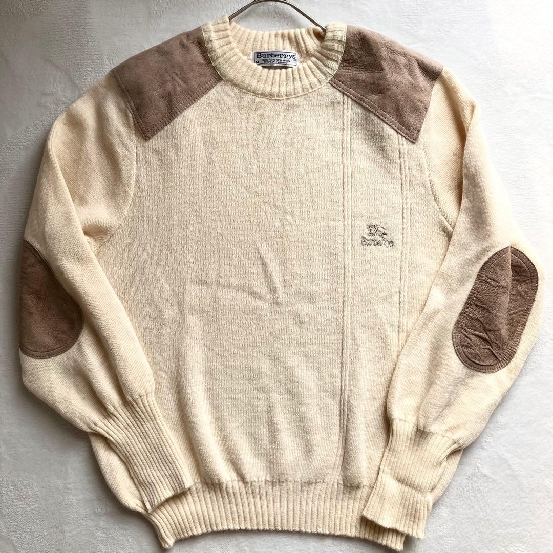 【美品】バーバリー ショルダー エルボーパッチ 長袖ニット 90s アイボリー BURBERRY（バーバリー） 90s 英国製 ショルダー エルボーパッチ ニット