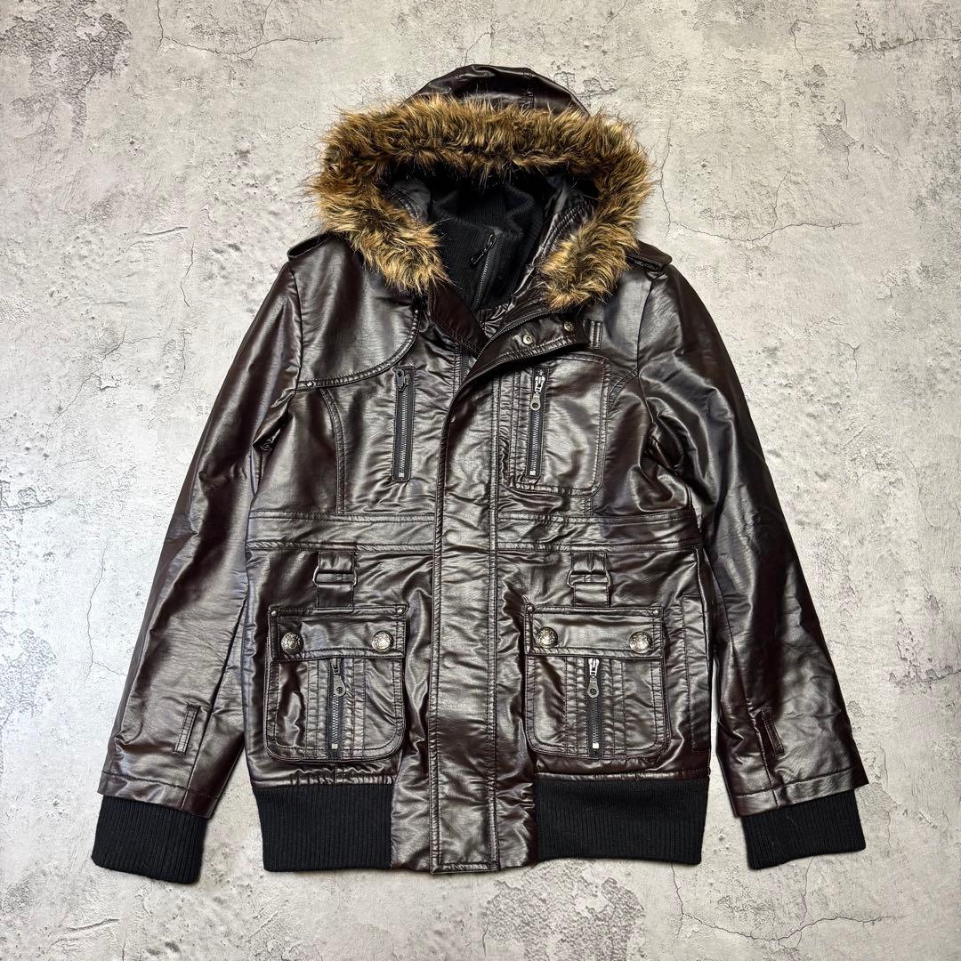 Y2K 短丈 ファー フェイクレザージャケット光沢 平成 お兄系