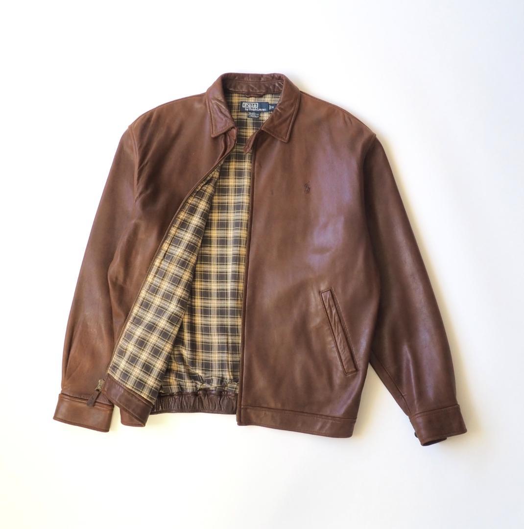 ラルフローレン シングルライダース 革ジャン ブラウン 裏地チェック