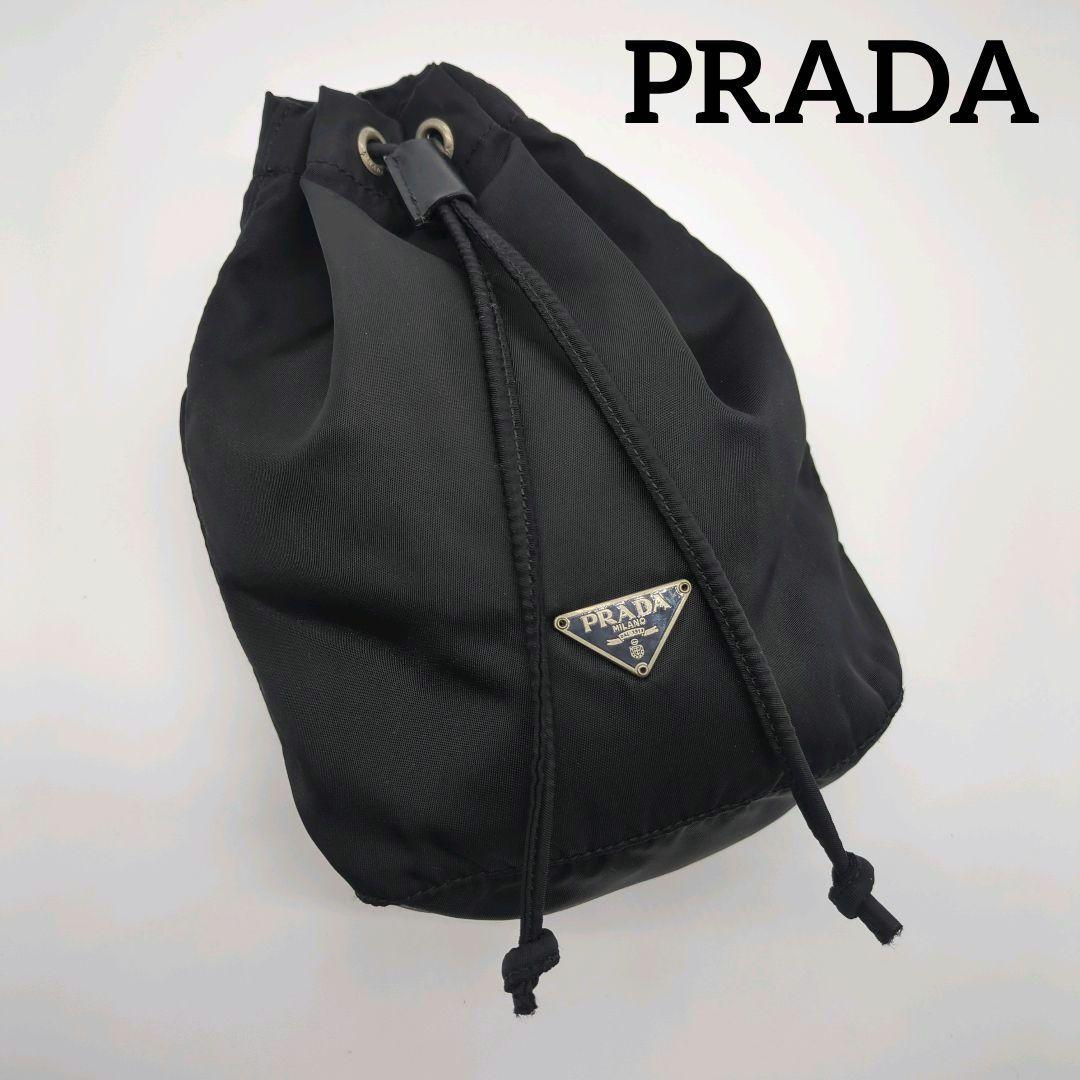 【良品・希少】プラダ☆ポーチ 三角プレート ナイロン テスート 巾着 ブラック PRADA（プラダ） 美品 テスート 三角ロゴプレート ブラック ナイロン