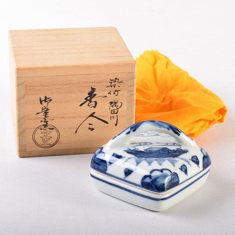 茶道具　京焼　御室窯造　染付　隅田川　香合　共箱　V　7962