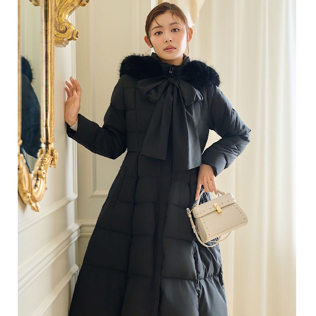 完売品 新品未使用 セルフォード フードリボンロングダウンコート BLK 36