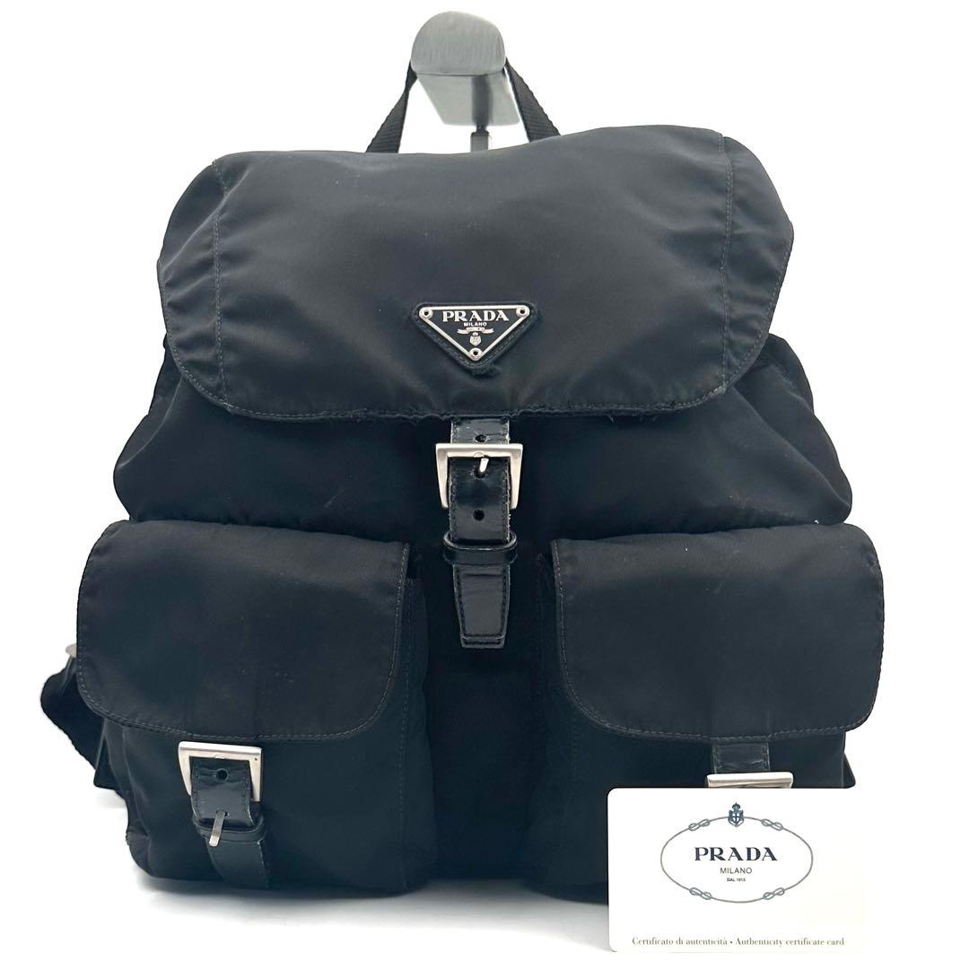 《良品》PRADA 三角ロゴ Wポケット ナイロン レザーリュック デイパック