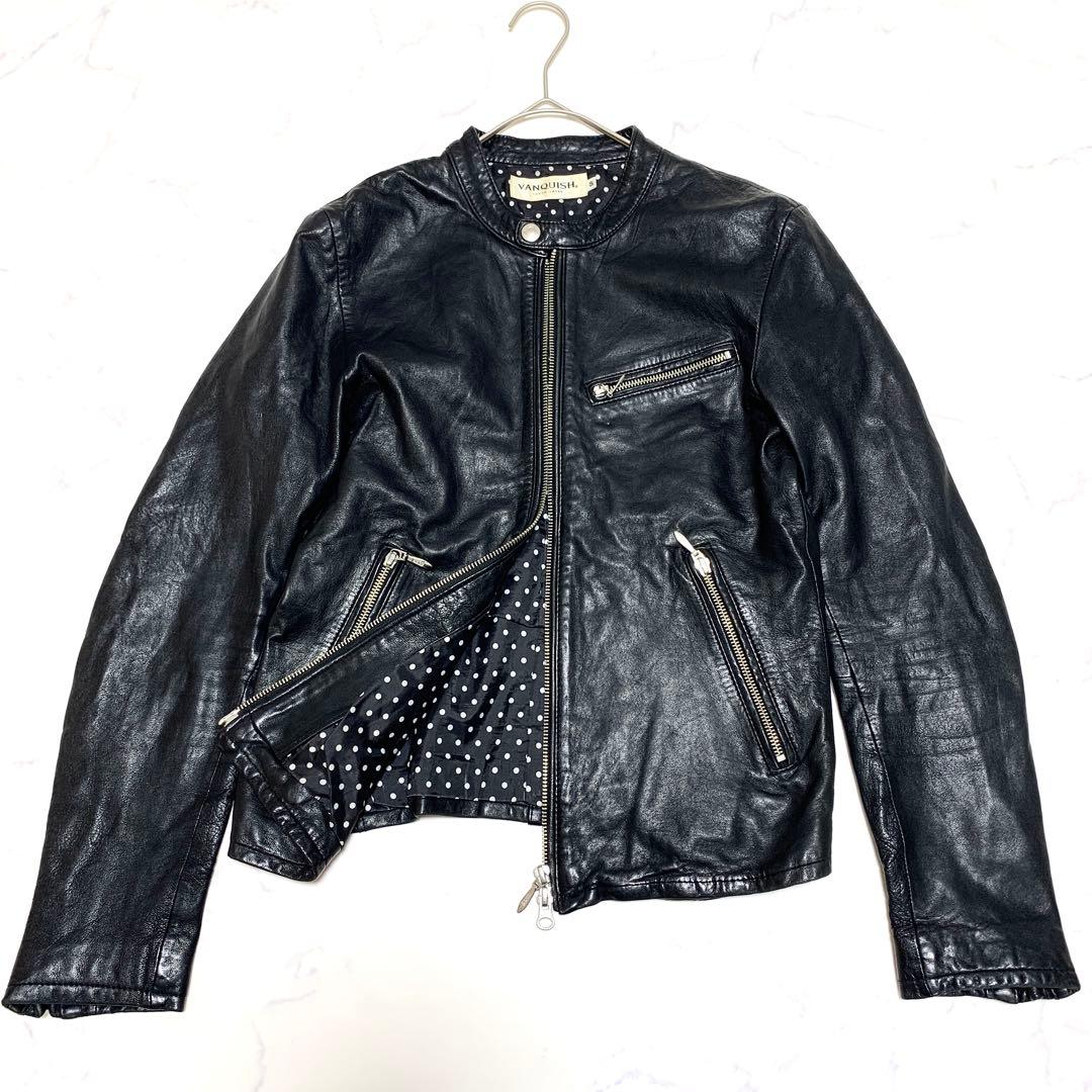ヴァンキッシュ レザージャケット シングル ライダース ドット 黒 S 羊革