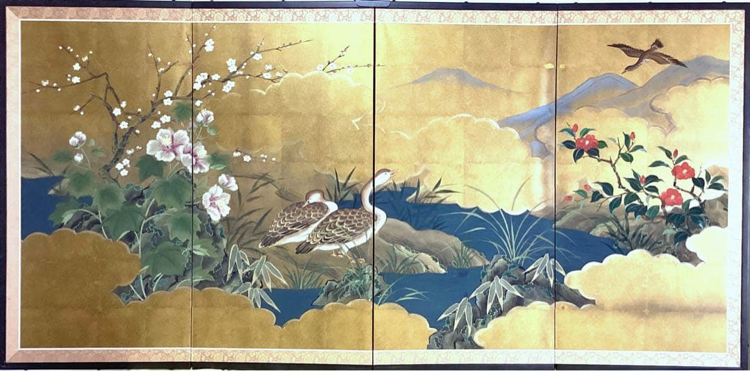 四つ折り屏風　日本画　金箔彩色　『鴨に梅・芙蓉』 金屏風 日本画金屏風の製造/通信販売(通販) 御子柴屏風店