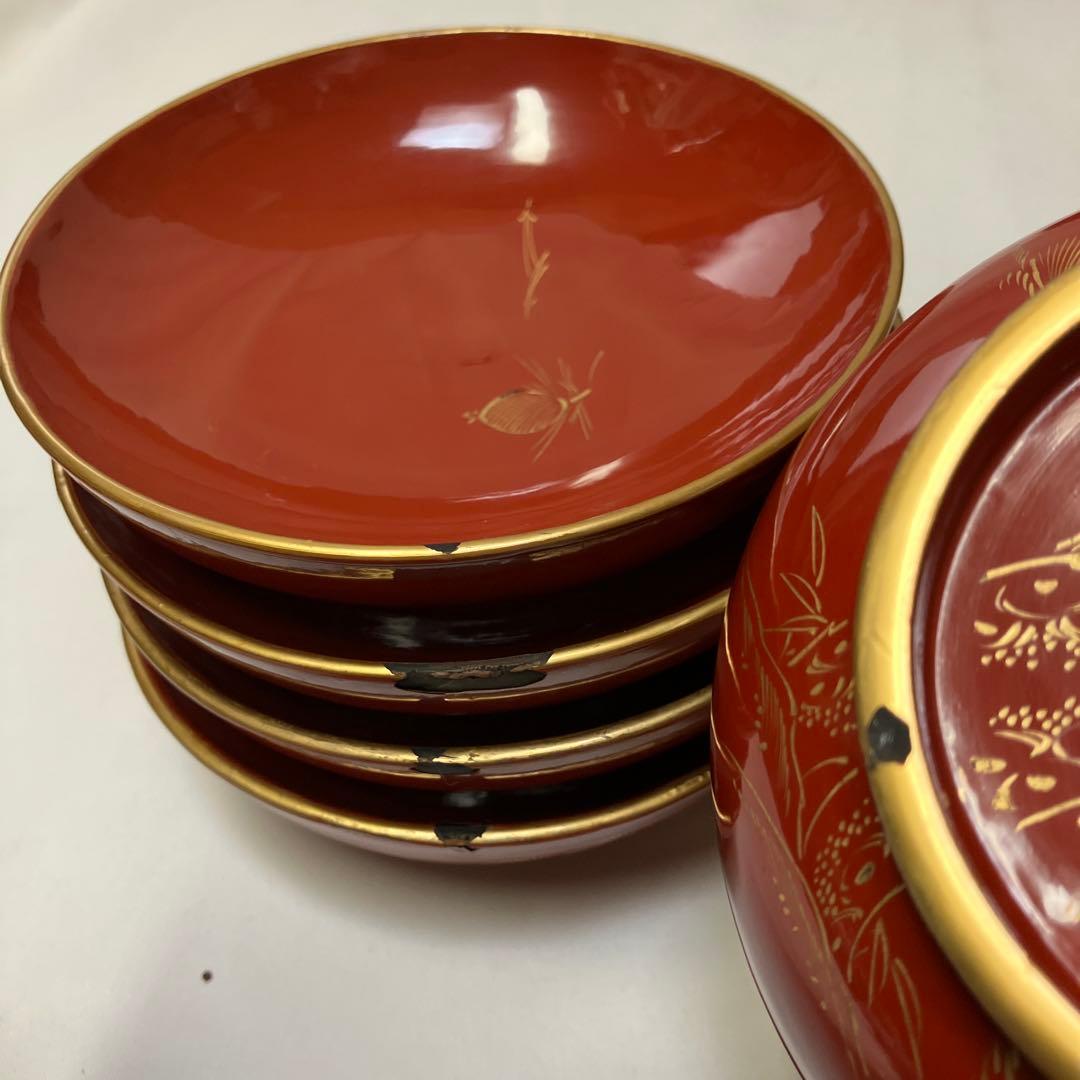 大正時代 木製漆器 蓋付汁椀 10客 菓子椀 松竹梅 漆沈金蒔絵 木箱付