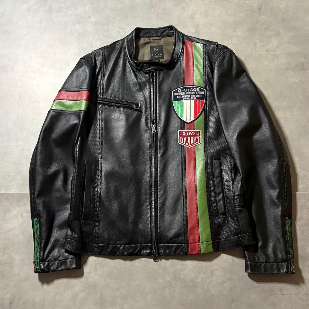 イタリアカラー ワッペン G-STAGE 羊革 短丈 ライダースジャケット L イタリアカラー ワッペン G-STAGE 羊革 短丈 ライダースジャケット L