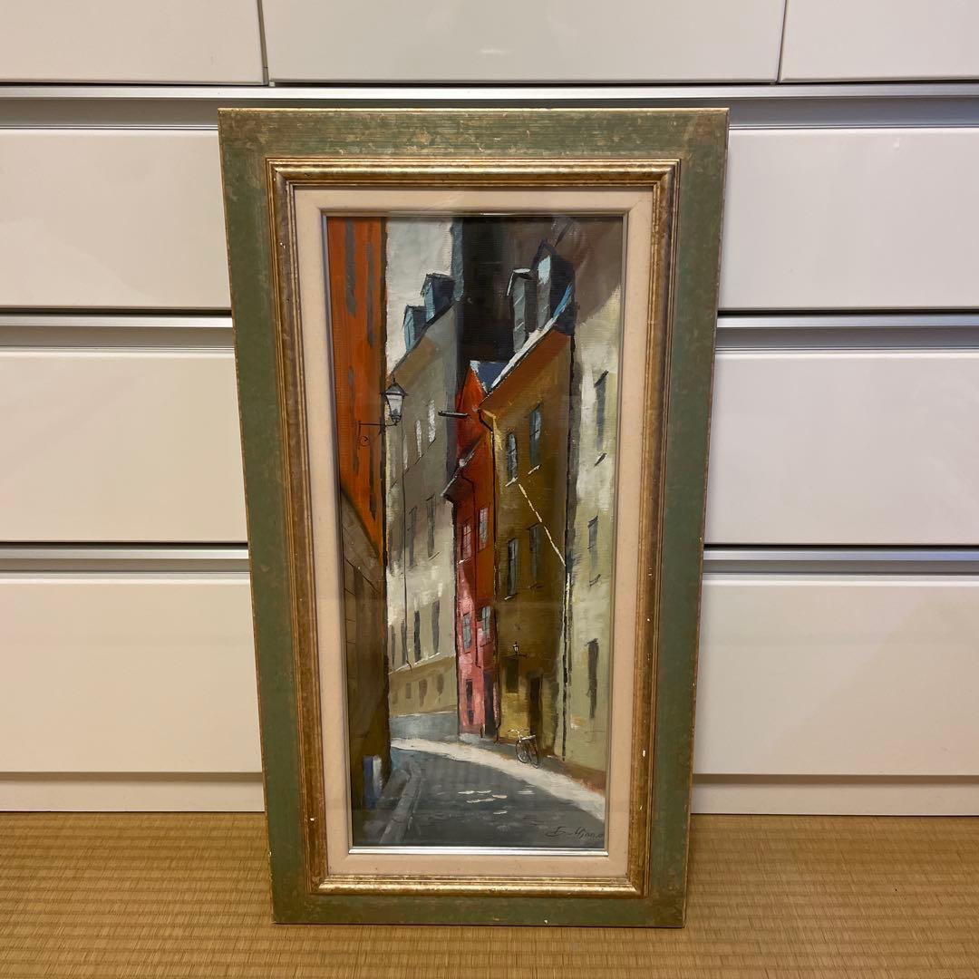 街並み 油彩画 縦長 フレーム付き