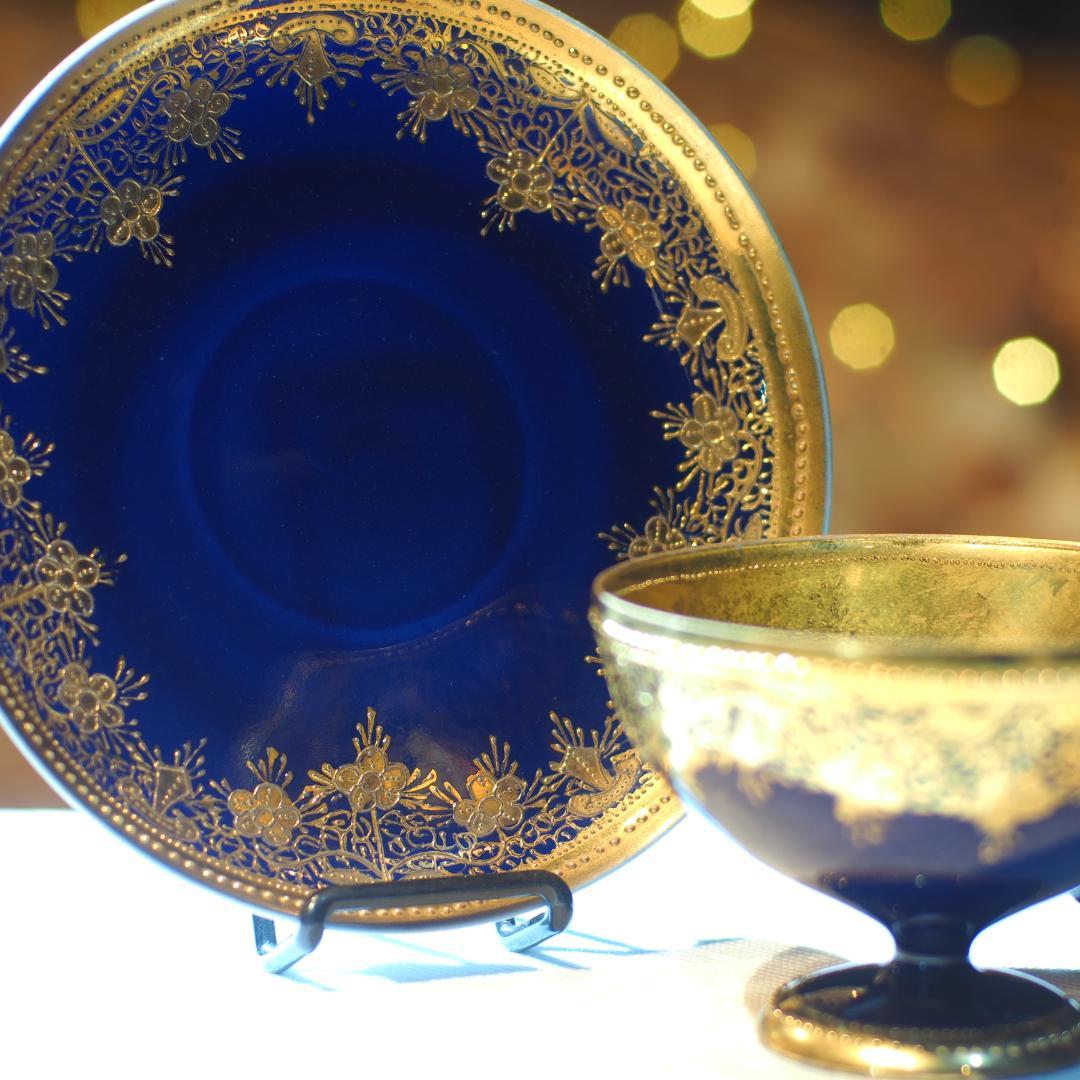 オールドノリタケ 金盛藍線帯華装飾紋 メイプルリーフ印 ペディスタル