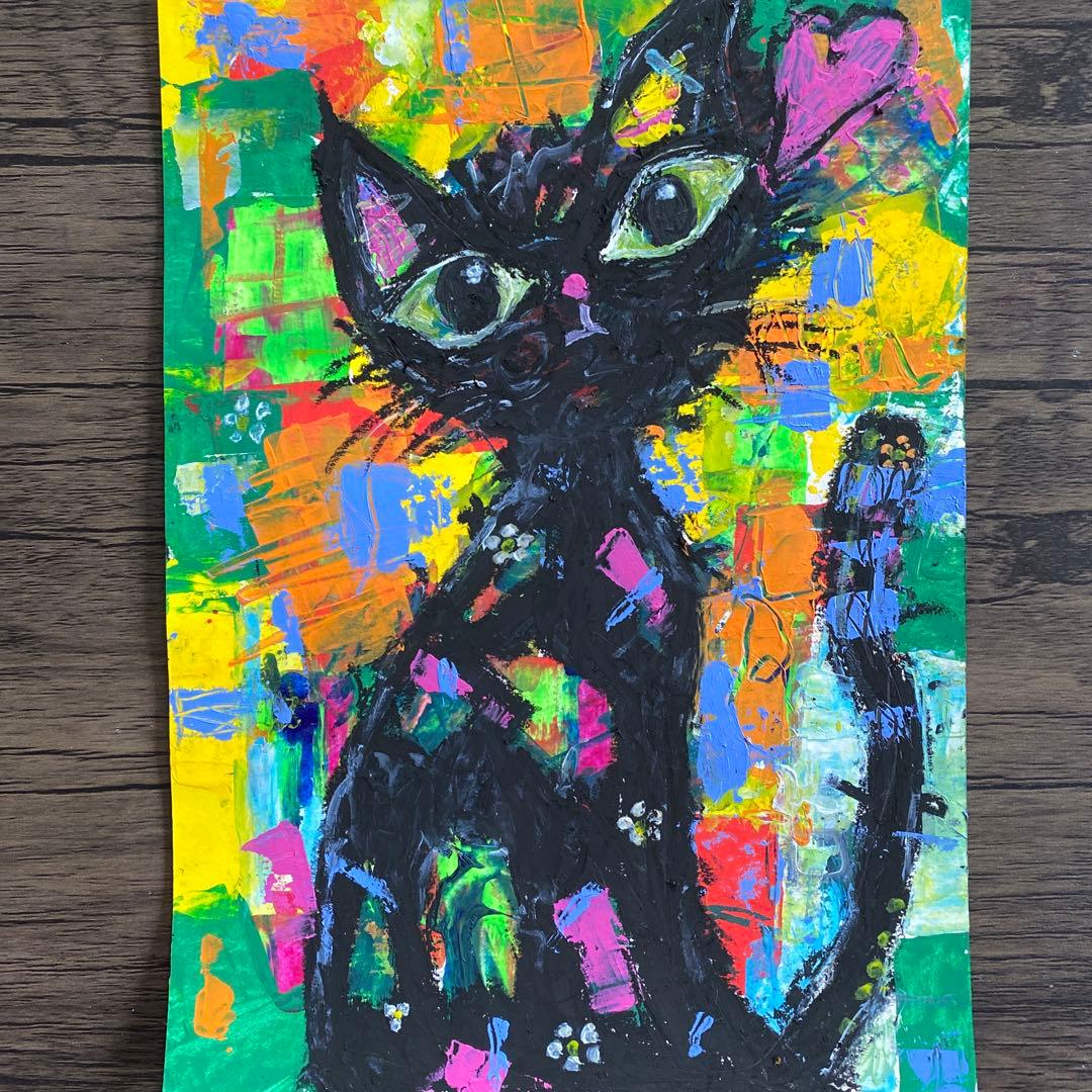 黒猫のアクリル画 B5サイズ 抽象画インテリア 「黒猫の想い」上質紙