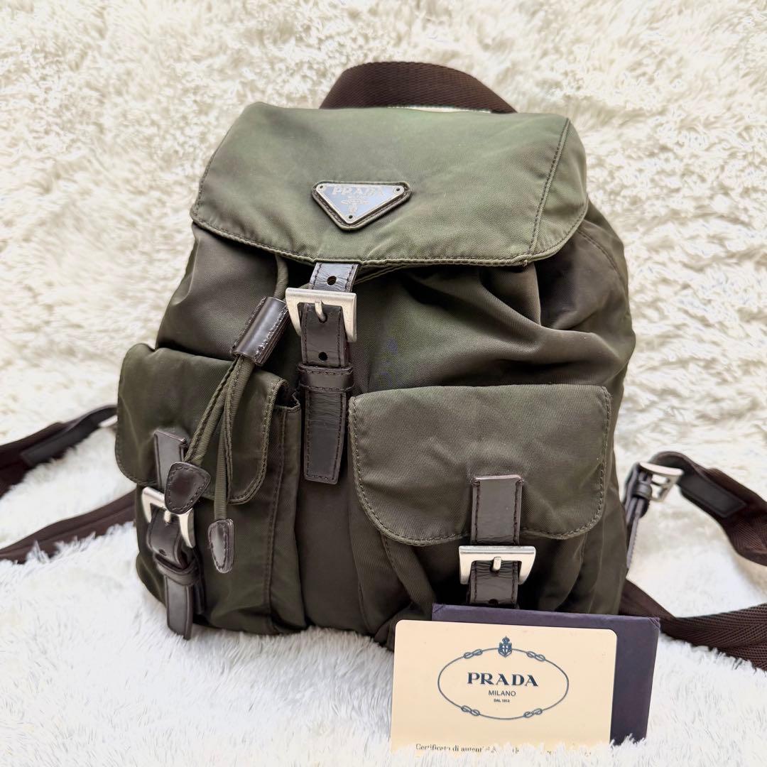 【美品】PRADA プラダ 三角ロゴ リュック バックパック 白タグ カーキ