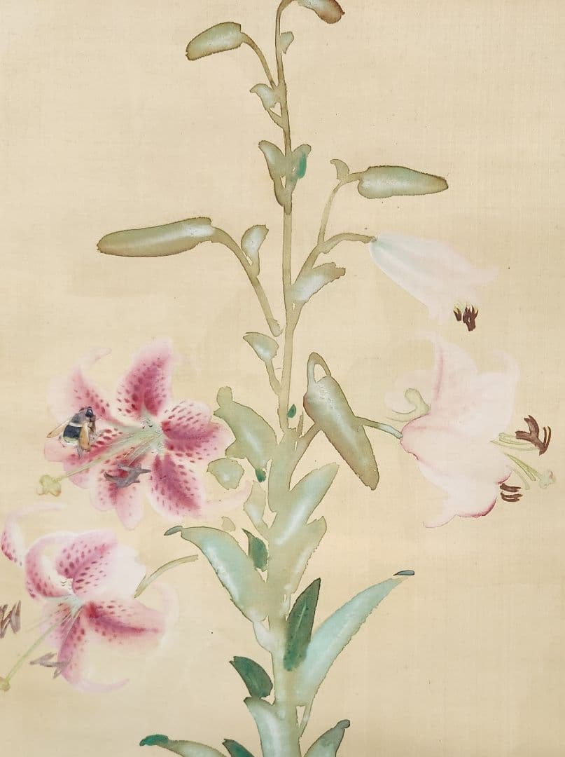 【百合花図】武田鼓葉 2660 ユリに蜂 掛け軸　肉筆