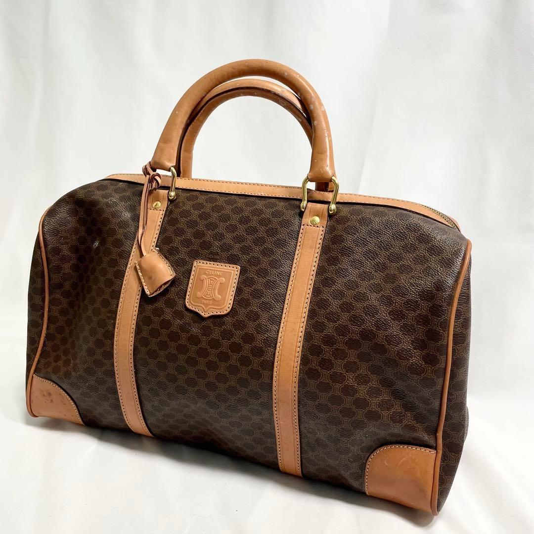 セリーヌ ボストンバッグ マカダム トリオンフ ゴールド金具 レザー 総柄 茶色