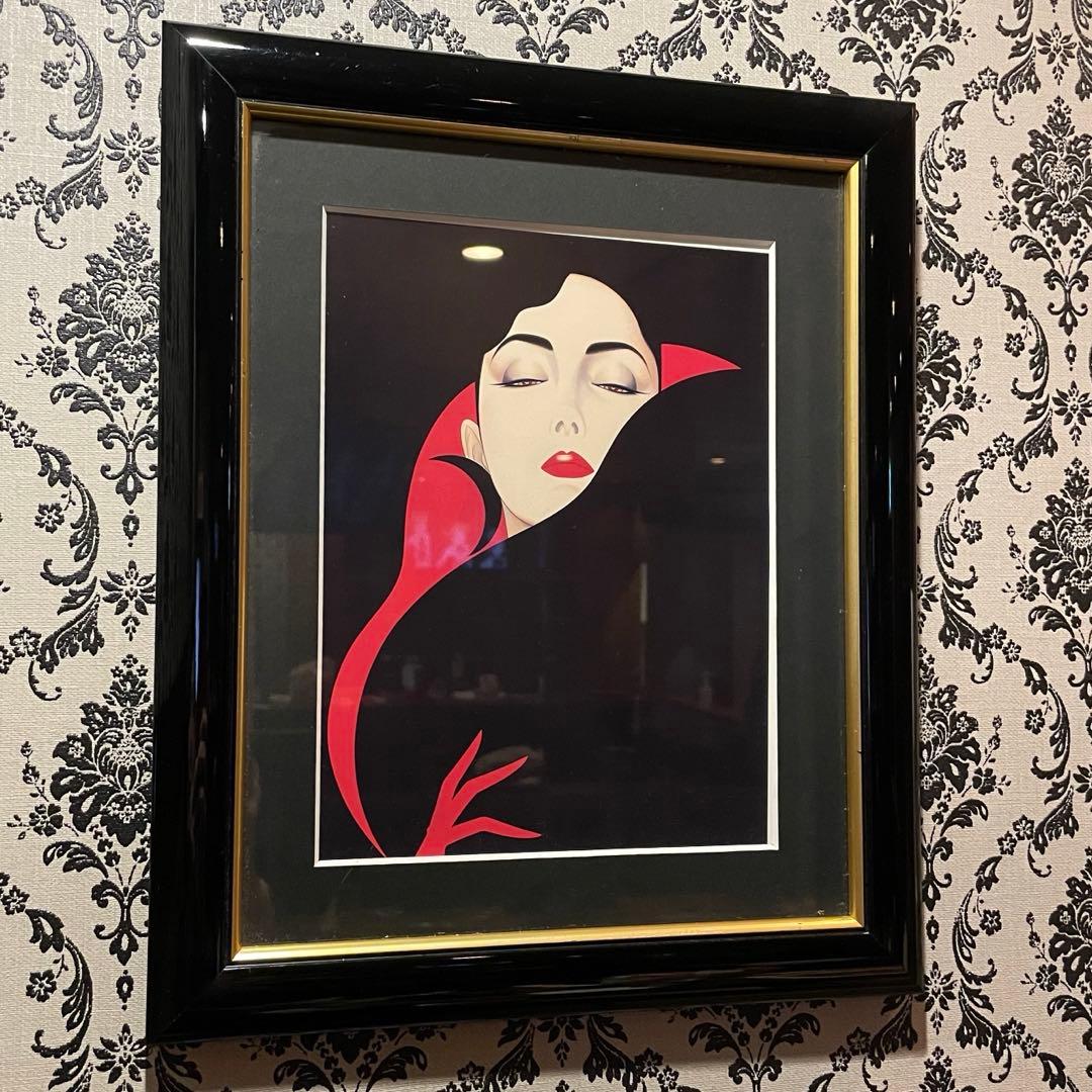 鶴田一郎 赤と黒の魅惑 額装／美人画 アンティーク風