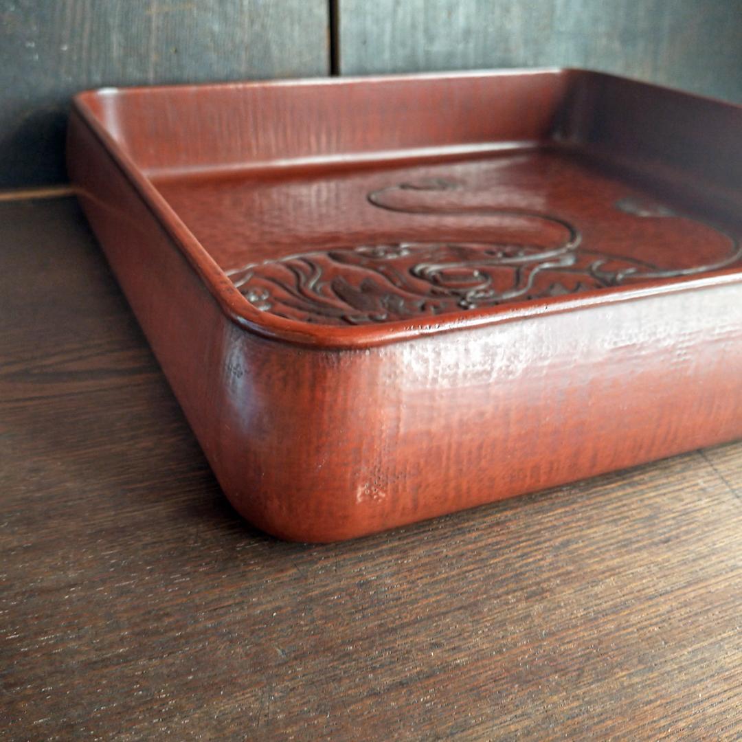 コメント必見] 鎌倉彫 博古堂 大型 11寸 35㎝ 角盆・菓子器・角皿 古鏡