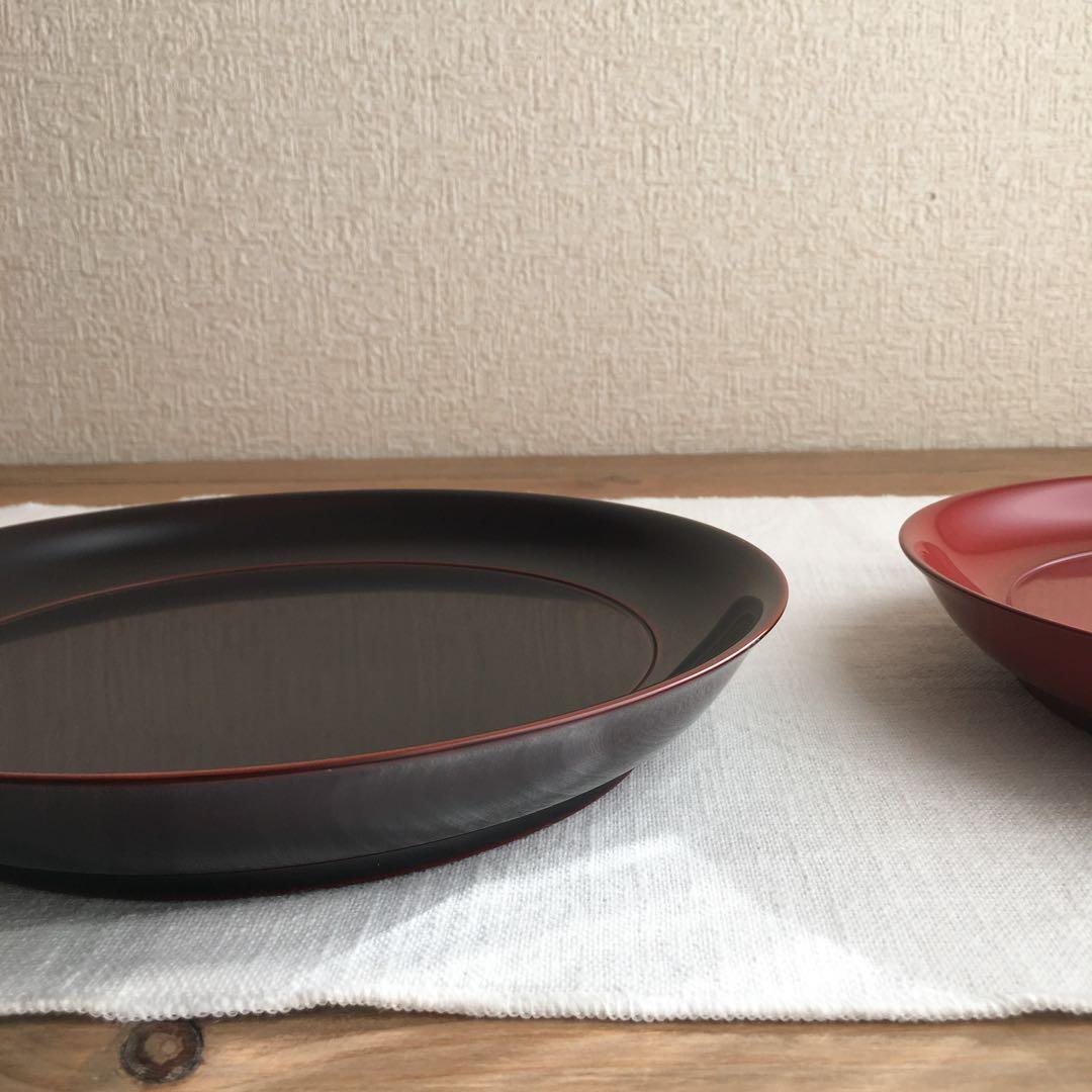 安比塗漆器工房8寸菓子皿トチ 溜 本朱 2個セット未