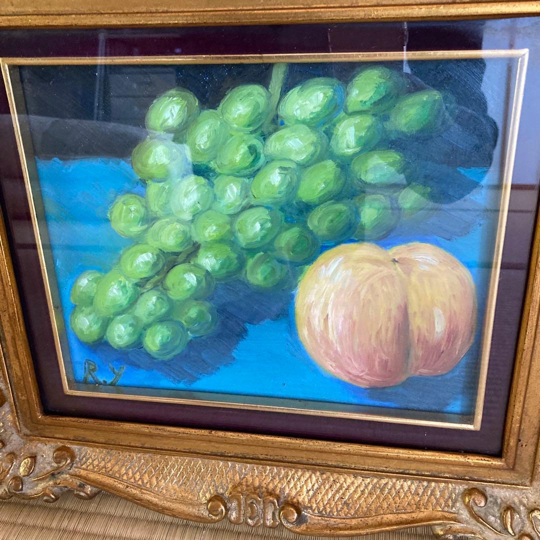 フルーツ 果物 油彩画 油絵 ガラス入額 アンティーク 骨董 油絵 ガラス